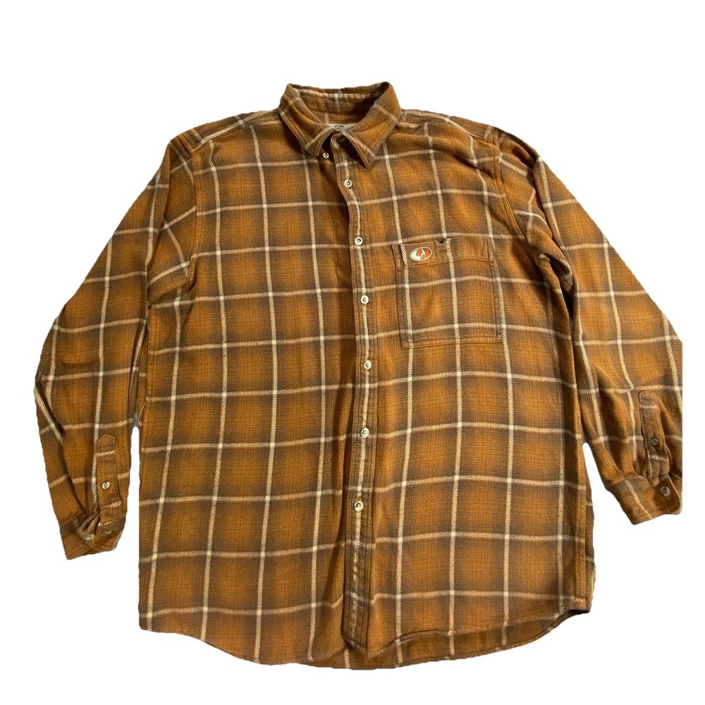 Mossy Oak Flannel Shirt Mens XL Mustard Brown Cotton Back Country Button Down